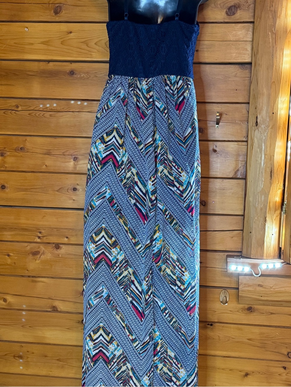 Lily Rose Mixed Media Maxi Dress Navy Blue Lace Bodice Geometric Chevron Ikat - Picture 6 of 9